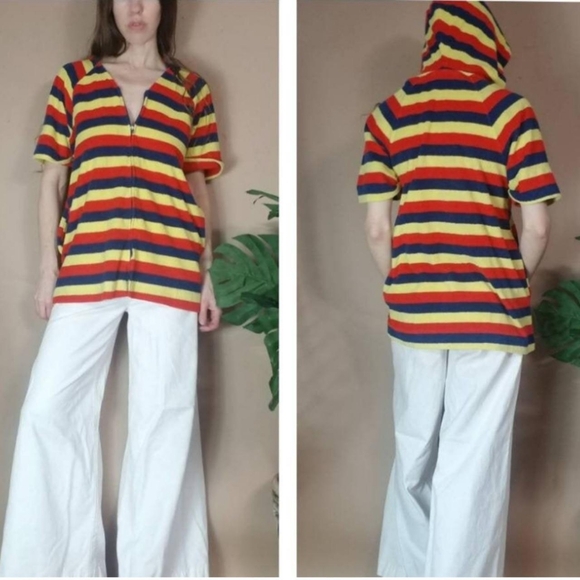 🎈Sale! Vintage 70s Swim Cover Up Top Striped Hooded S - Picture 4 of 8